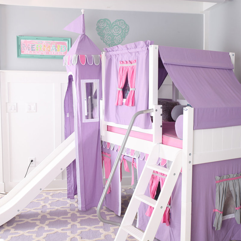 Zoomie Kids Stowers Wow Twin Loft Bed with Slide Tent and Curtains